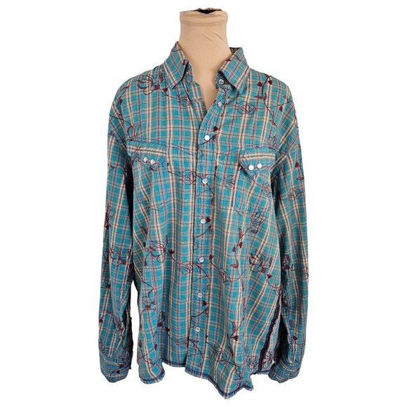 George Roth Tops - George Roth Floral Embroidered Blue Plaid Button Up Sz XL